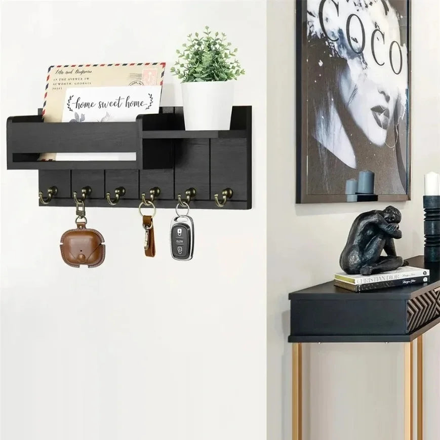 Rustic Wood Key Holder with Shelf – Wall-Mounted Entryway Organizer