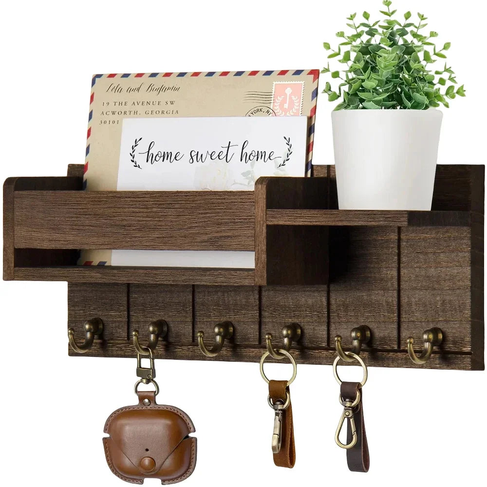Rustic Wood Key Holder with Shelf – Wall-Mounted Entryway Organizer