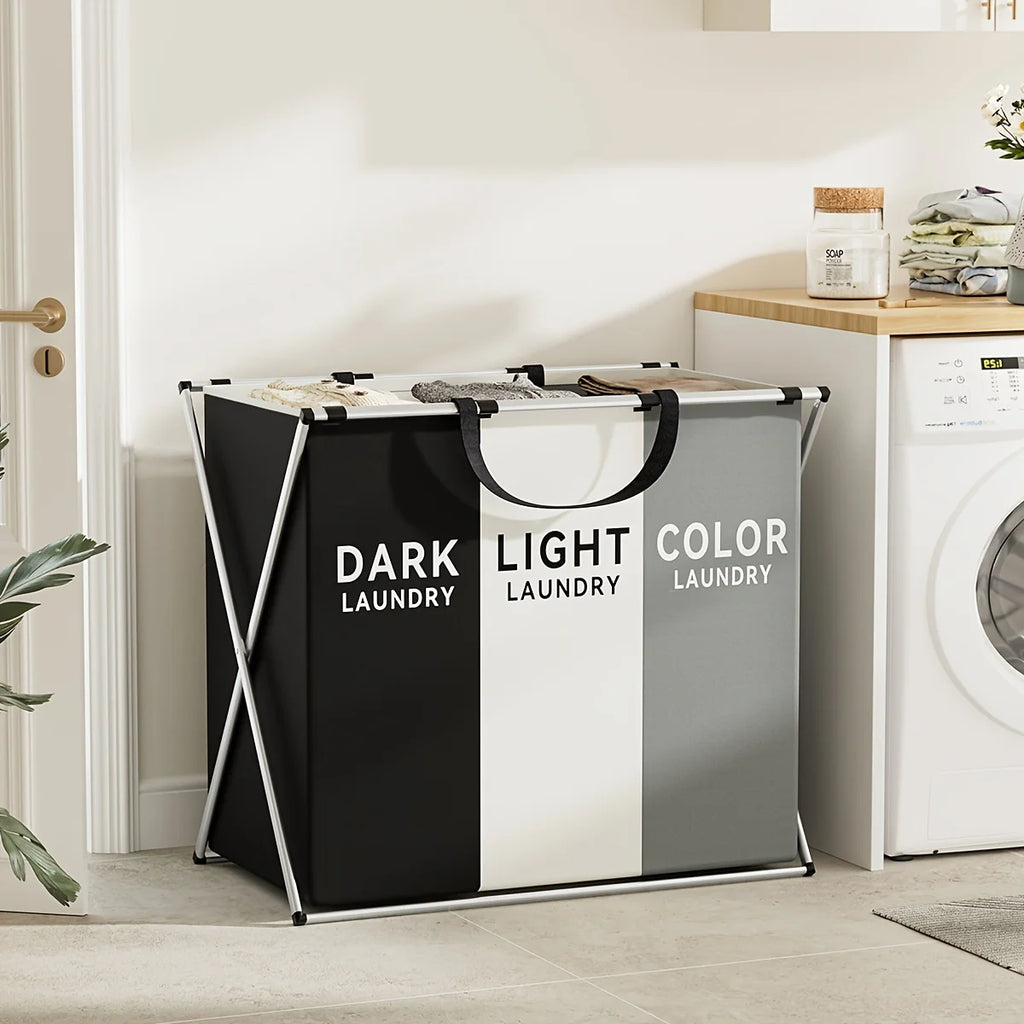 Foldable 3-Section Laundry Hamper – Pre-Sort Darks, Lights & Colors